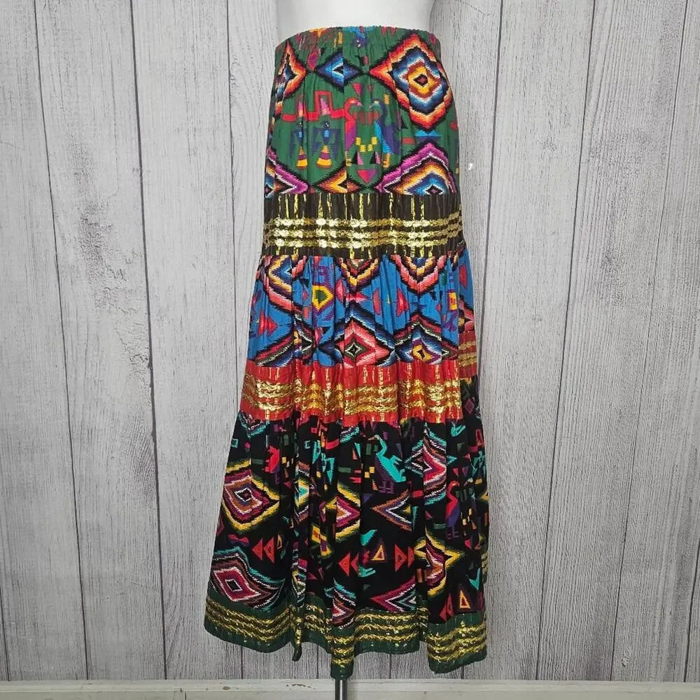 VTG 70s 80s Alfredo's Wife Southwest Multicolor Boho Maxi Skirt, sz Medium